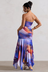 Ombre Print Ruched Bandeau Midi Dress
